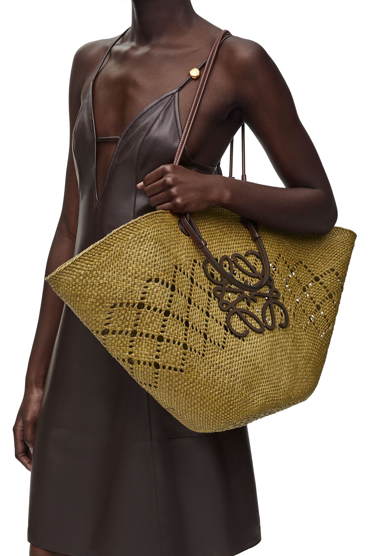 Large Anagram Basket bag in iraca palm and calfskin