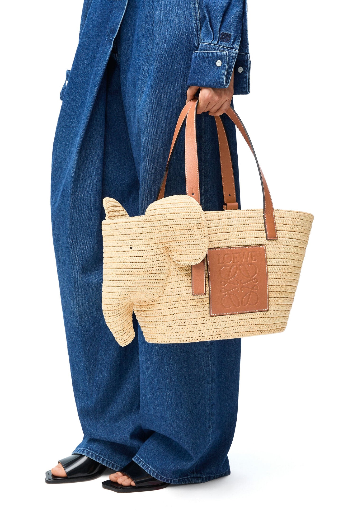 Elephant basket in raffia and calfskin