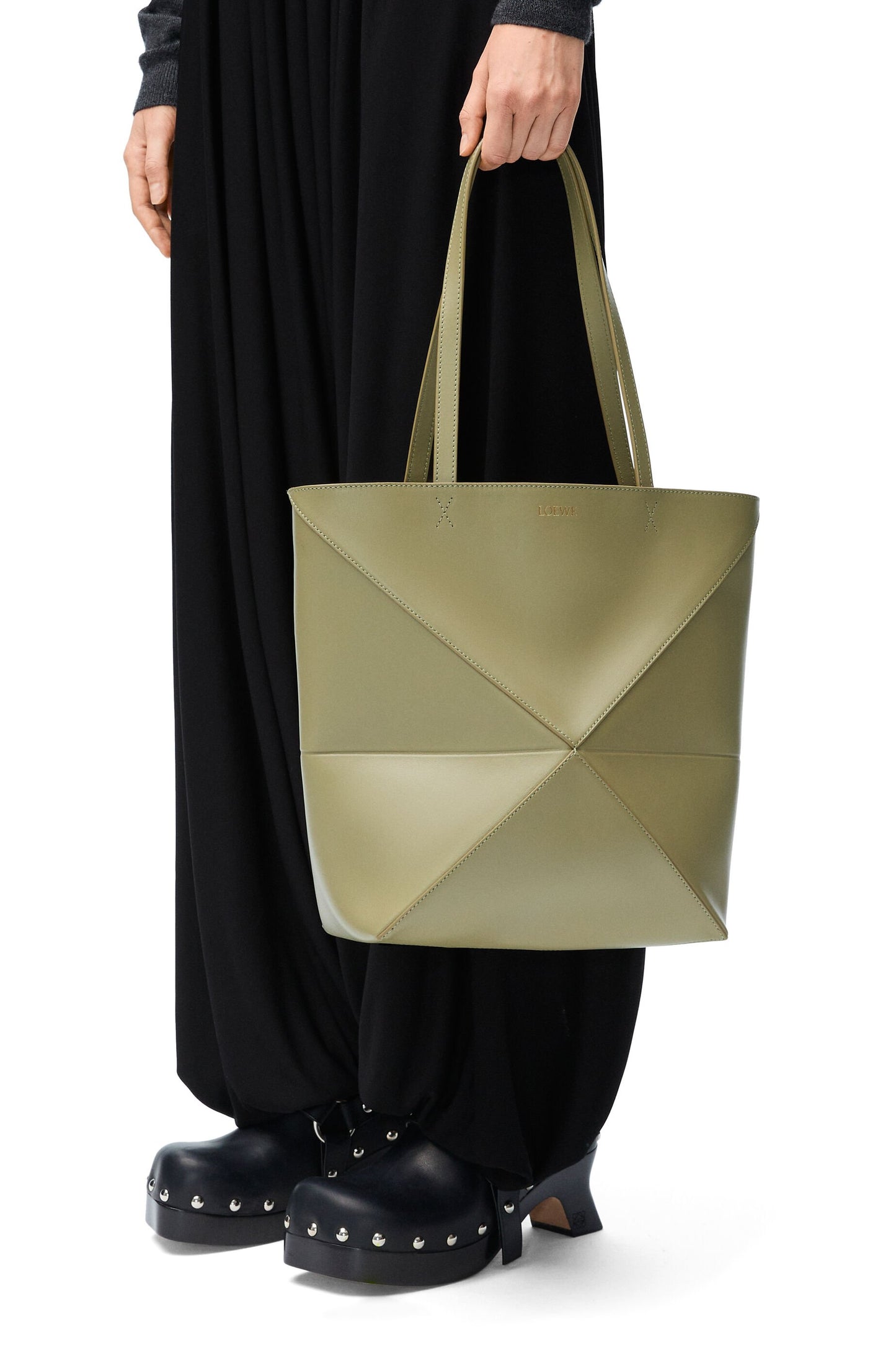 Medium Puzzle Fold tote in shiny calfskin