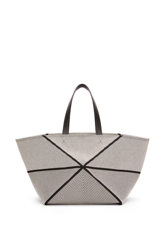 XXL Puzzle Fold tote in canvas jacquard and calfskin - Hall Of Brand