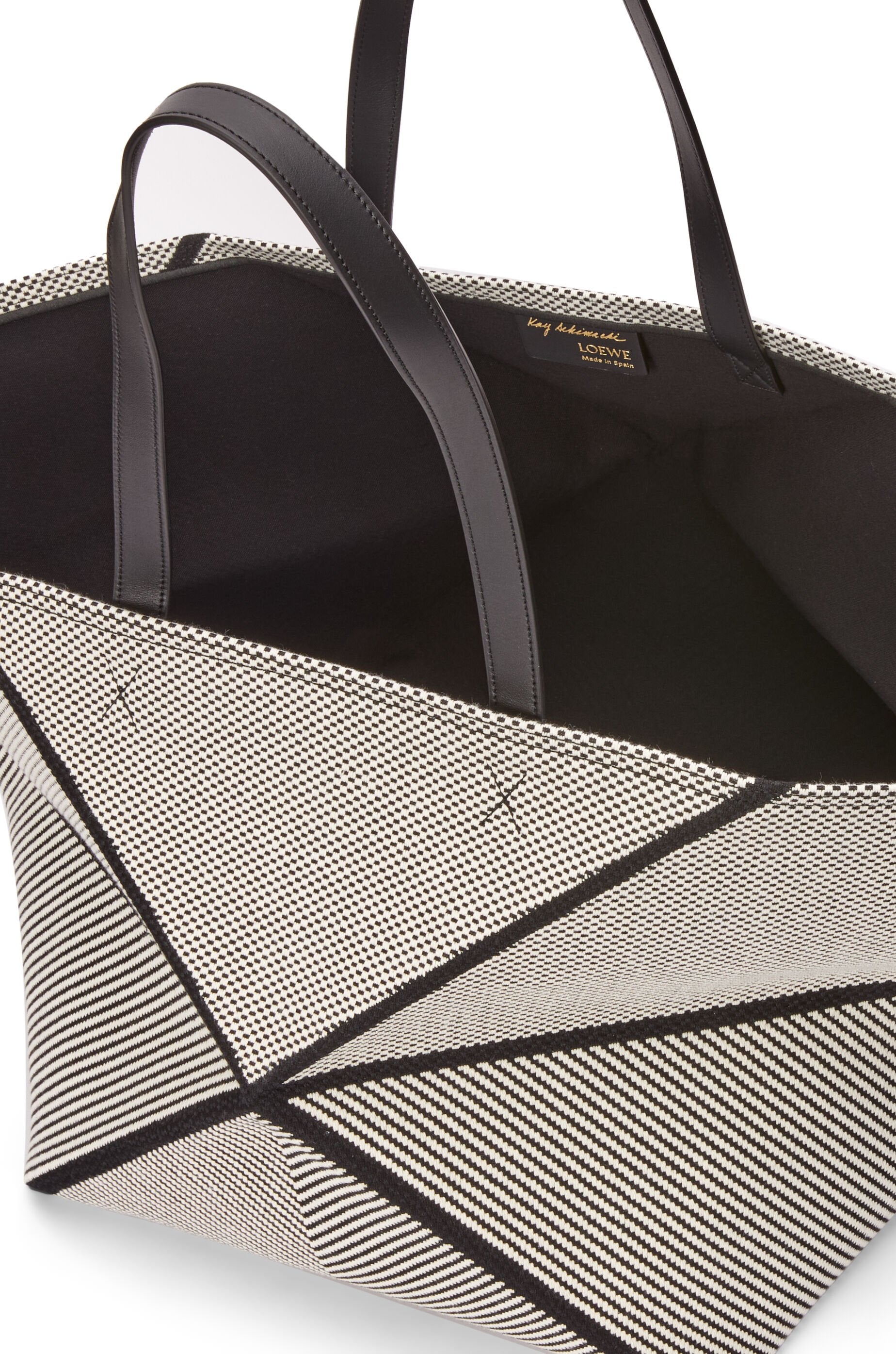 XXL Puzzle Fold tote in canvas jacquard and calfskin - Hall Of Brand