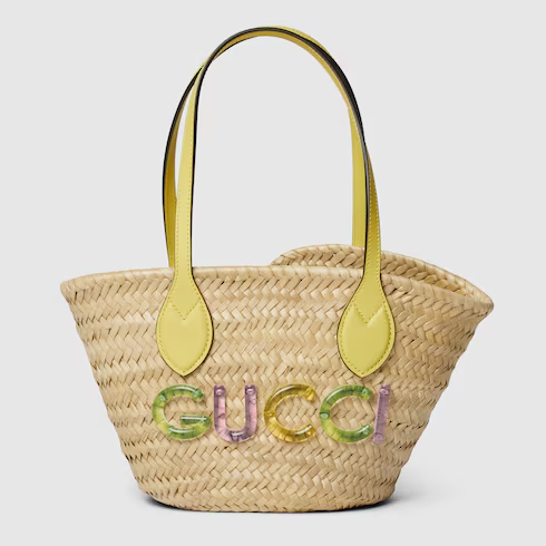 Mini straw tote with Gucci logo