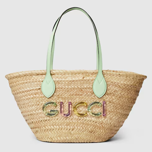 Small straw tote with Gucci logo