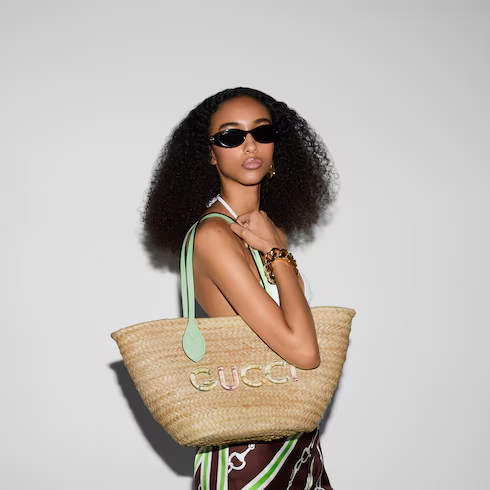 Small straw tote with Gucci logo