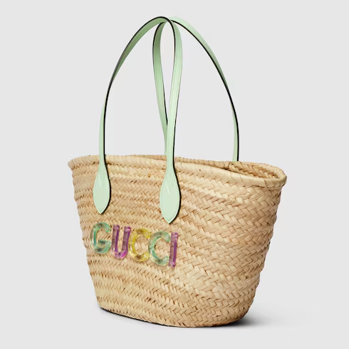 Small straw tote with Gucci logo