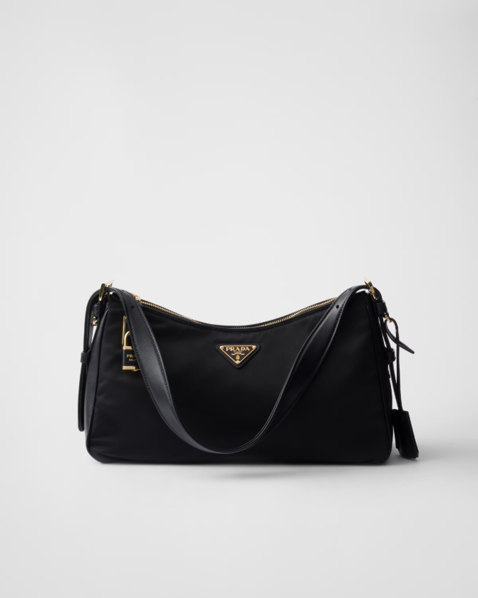 Prada aimée large re-nylon and leather shoulder bag with padlock