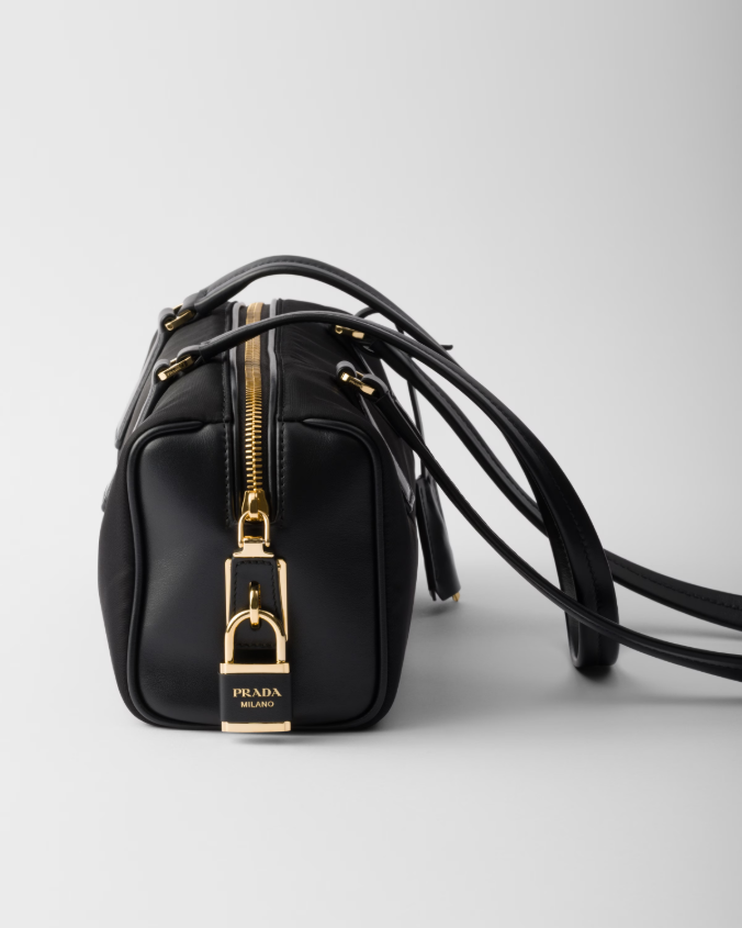 Re-nylon and leather medium top-handle bag with padlock