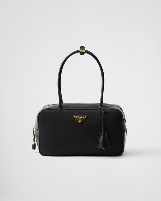 Re-nylon and leather medium top-handle bag with padlock