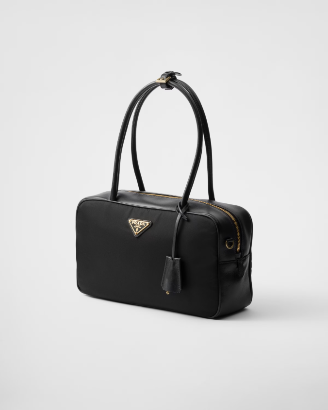 Re-nylon and leather medium top-handle bag with padlock