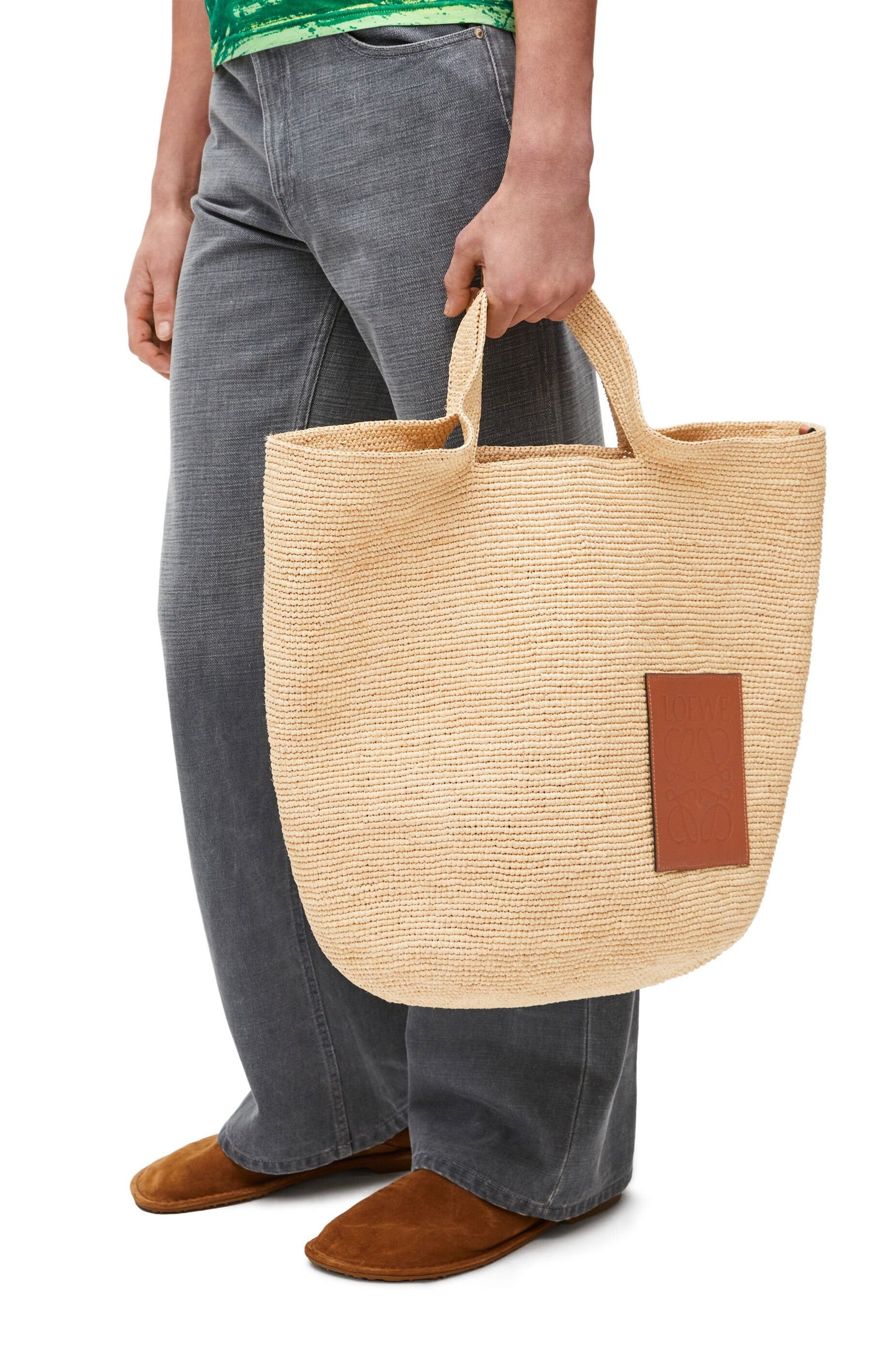 Large Slit bag in raffia and calfskin