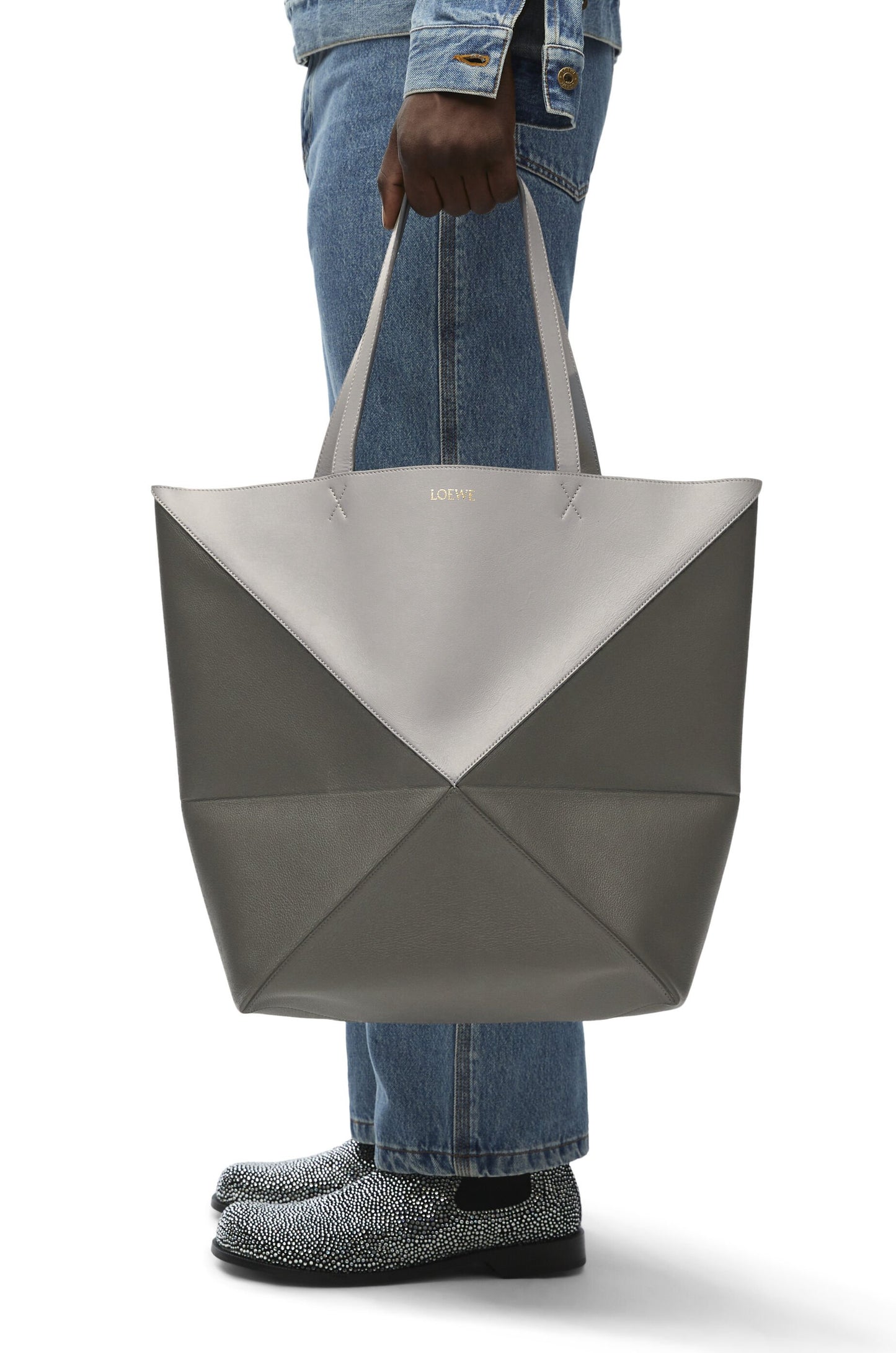 XL Puzzle Fold Tote in shiny calfskin