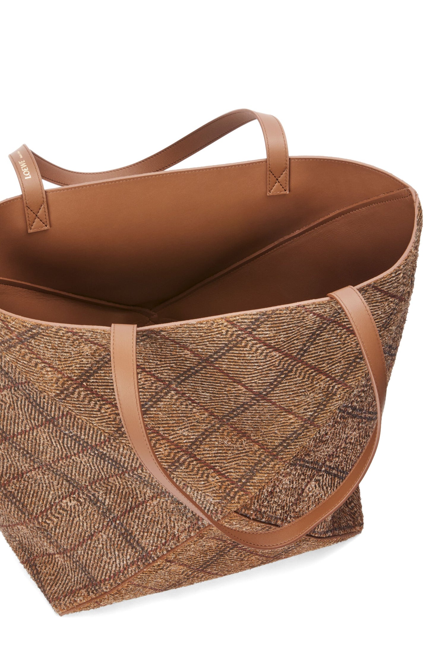 XL Puzzle Fold tote in tartan brushed suede