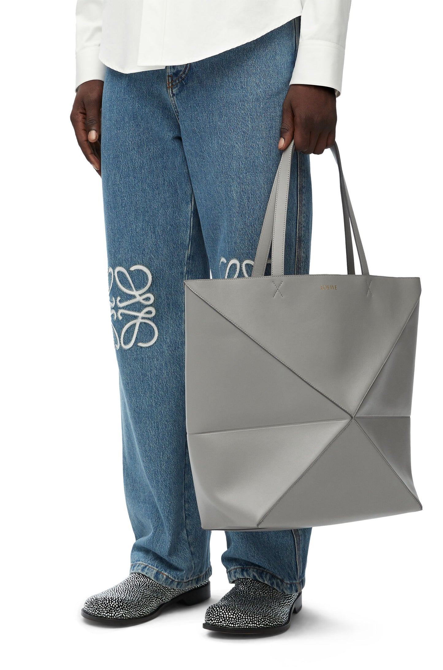 XL Puzzle Fold tote in shiny calfskin