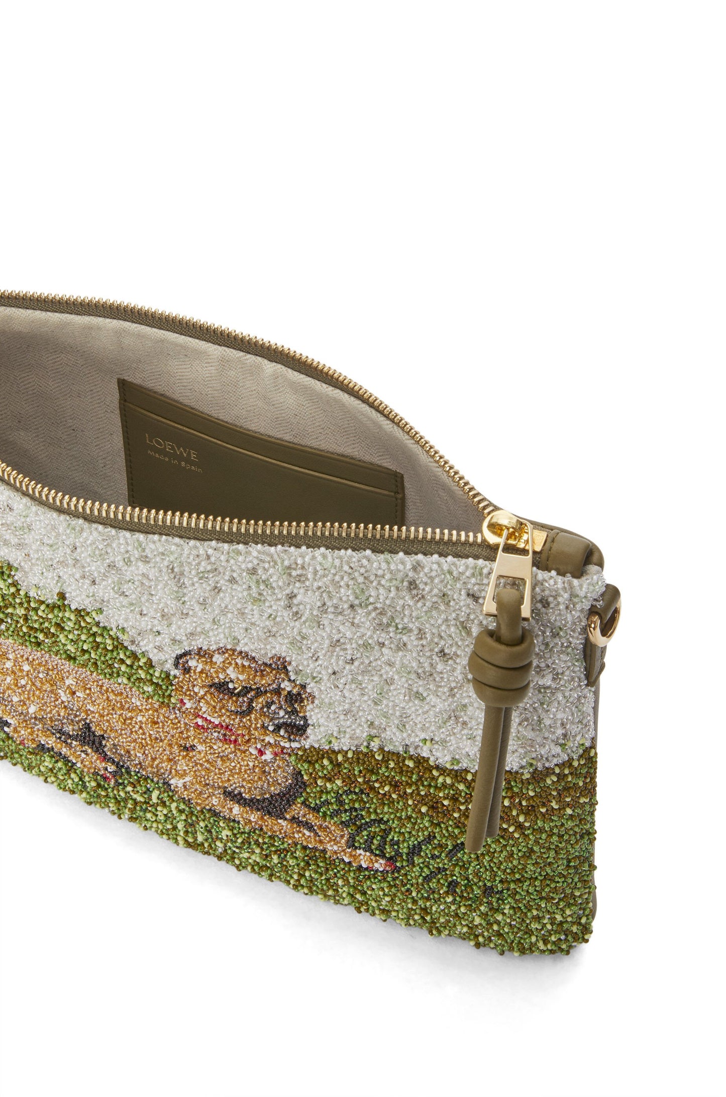 Oblong pouch in beaded leather